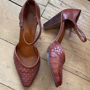 Vintage Woven Leather Pointed-Toe Mary Jane Heels - cognac Brown 7m